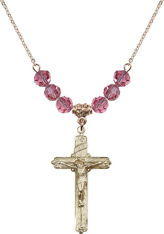 18" Hamilton Gold Plated Necklace with 4mm Rose Crystal Beads featuring a 14kt Gold Filled Crucifix Medal.
