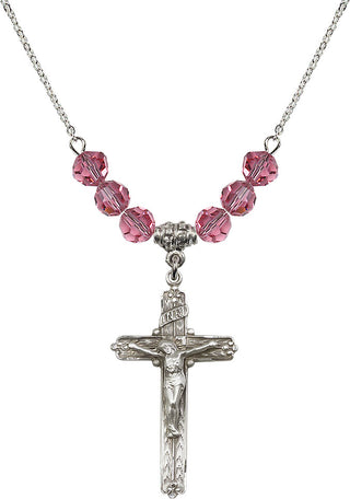 18" Rhodium Plated Necklace with 4mm Rose Crystal Beads featuring a Sterling Silver Crucifix Medal.