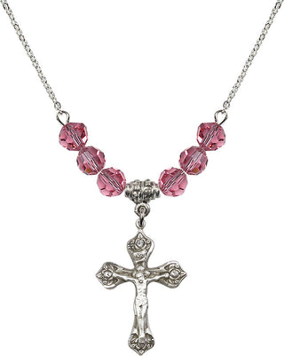 18" Rhodium Plated Necklace with 4mm Rose Crystal Beads featuring a Sterling Silver Crucifix Medal.