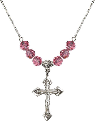 18" Rhodium Plated Necklace with 4mm Rose Crystal Beads featuring a Sterling Silver Crucifix Medal.