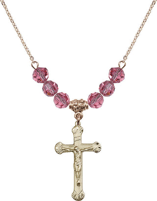 18" Hamilton Gold Plated Necklace with 4mm Rose Crystal Beads featuring a 14kt Gold Filled Crucifix Medal.