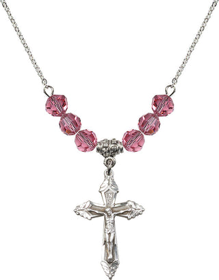 18" Rhodium Plated Necklace with 4mm Rose Crystal Beads featuring a Sterling Silver Crucifix Medal.
