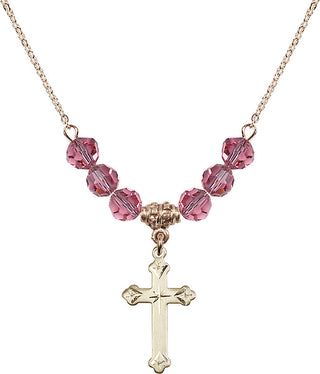 18" Hamilton Gold Plated Necklace with 4mm Rose Crystal Beads featuring a 14kt Gold Filled Cross Medal.