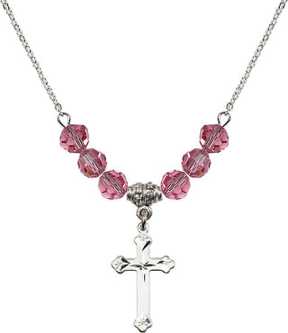 18" Rhodium Plated Necklace with 4mm Rose Crystal Beads featuring a Sterling Silver Cross Medal.