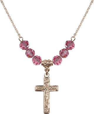 18" Hamilton Gold Plated Necklace with 4mm Rose Crystal Beads featuring a 14kt Gold Filled Crucifix Medal.