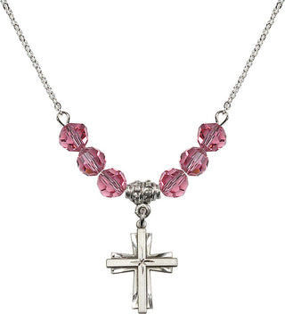 18" Rhodium Plated Necklace with 4mm Rose Crystal Beads featuring a Sterling Silver Cross Medal.