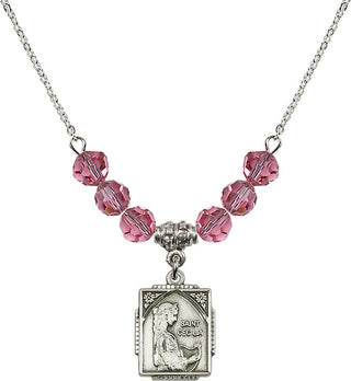 18" Rhodium Plated Necklace with 4mm Rose Crystal Beads featuring a Sterling Silver Saint Cecilia Medal. Engraved Catholic Saint Jewelry