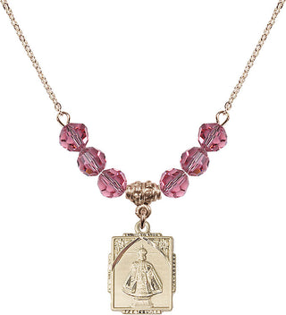 18" Hamilton Gold Plated Necklace with 4mm Rose Crystal Beads featuring a 14kt Gold Filled Infant of Prague Medal. Engraved Catholic Saint Jewelry