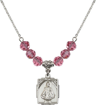 18" Rhodium Plated Necklace with 4mm Rose Crystal Beads featuring a Sterling Silver Infant of Prague Medal. Engraved Catholic Saint Jewelry