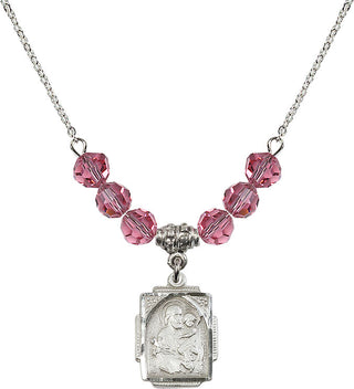 18" Rhodium Plated Necklace with 4mm Rose Crystal Beads featuring a Sterling Silver Saint Joseph Medal. Engraved Catholic Saint Jewelry