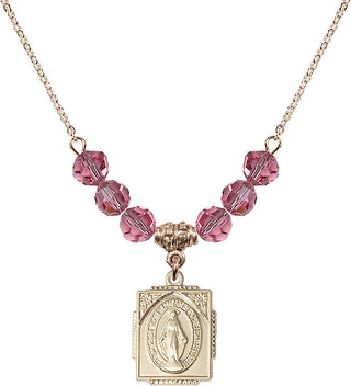 18" Hamilton Gold Plated Necklace with 4mm Rose Crystal Beads featuring a 14kt Gold Filled Miraculous Medal. Engraved Catholic Saint Jewelry