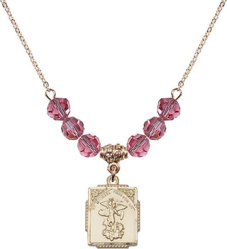 18" Hamilton Gold Plated Necklace with 4mm Rose Crystal Beads featuring a 14kt Gold Filled Saint Michael the Archangel Medal. Engraved Catholic Saint Jewelry
