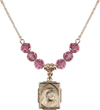 18" Hamilton Gold Plated Necklace with 4mm Rose Crystal Beads featuring a 14kt Gold Filled Saint Teresa of Calcutta Medal. Engraved Catholic Saint Jewelry