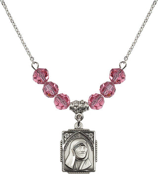 18" Rhodium Plated Necklace with 4mm Rose Crystal Beads featuring a Sterling Silver Saint Teresa of Calcutta Medal. Engraved Catholic Saint Jewelry