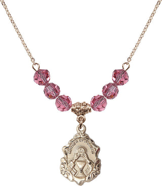 18" Hamilton Gold Plated Necklace with 4mm Rose Crystal Beads featuring a 14kt Gold Filled Mother of a Priest Medal. Engraved Catholic Saint Jewelry