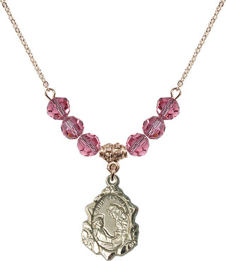 18" Hamilton Gold Plated Necklace with 4mm Rose Crystal Beads featuring a 14kt Gold Filled Saint Cecilia Medal. Engraved Catholic Saint Jewelry