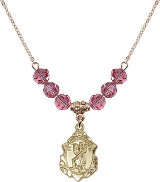 18" Hamilton Gold Plated Necklace with 4mm Rose Crystal Beads featuring a 14kt Gold Filled Saint Christopher Medal. Engraved Catholic Saint Jewelry