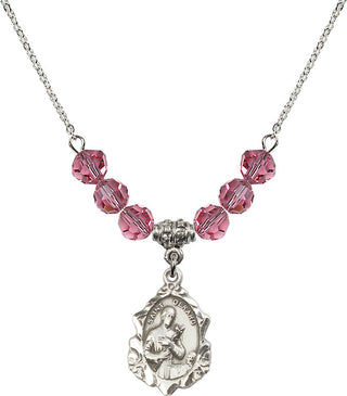 18" Rhodium Plated Necklace with 4mm Rose Crystal Beads featuring a Sterling Silver Saint Gerard Medal. Engraved Catholic Saint Jewelry