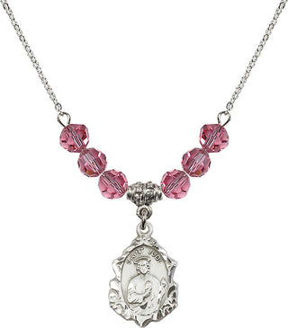 18" Rhodium Plated Necklace with 4mm Rose Crystal Beads featuring a Sterling Silver Saint Jude Medal. Engraved Catholic Saint Jewelry