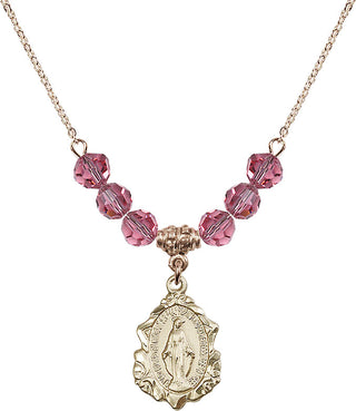 18" Hamilton Gold Plated Necklace with 4mm Rose Crystal Beads featuring a 14kt Gold Filled Miraculous Medal. Engraved Catholic Saint Jewelry