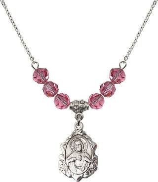 18" Rhodium Plated Necklace with 4mm Rose Crystal Beads featuring a Sterling Silver Scapular Medal.