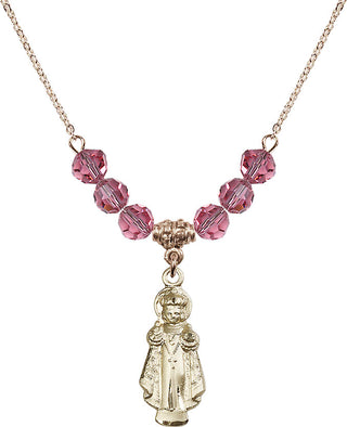 18" Hamilton Gold Plated Necklace with 4mm Rose Crystal Beads featuring a 14kt Gold Filled Infant of Prague Medal.