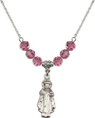 18" Rhodium Plated Necklace with 4mm Rose Crystal Beads featuring a Sterling Silver Infant of Prague Medal.