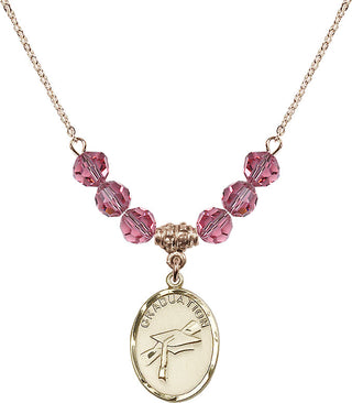 18" Hamilton Gold Plated Necklace with 4mm Rose Crystal Beads featuring a 14kt Gold Filled Graduation Medal.