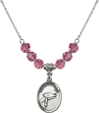 18" Rhodium Plated Necklace with 4mm Rose Crystal Beads featuring a Sterling Silver Graduation Medal.
