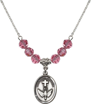 18" Rhodium Plated Necklace with 4mm Rose Crystal Beads featuring a Sterling Silver Confirmation Medal.
