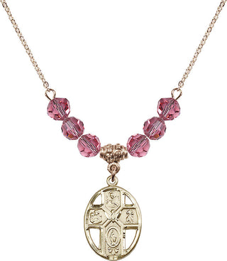 18" Hamilton Gold Plated Necklace with 4mm Rose Crystal Beads featuring a 14kt Gold Filled 5-Way / Holy Spirit Medal.