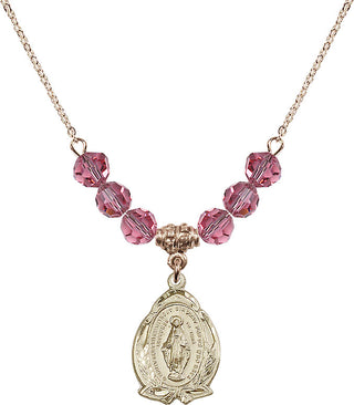18" Hamilton Gold Plated Necklace with 4mm Rose Crystal Beads featuring a 14kt Gold Filled Miraculous Medal.