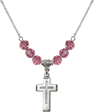 18" Rhodium Plated Necklace with 4mm Rose Crystal Beads featuring a Sterling Silver Cross Medal.