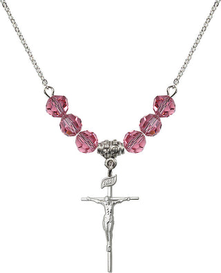 18" Rhodium Plated Necklace with 4mm Rose Crystal Beads featuring a Sterling Silver Crucifix Medal.