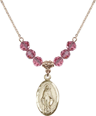 18" Hamilton Gold Plated Necklace with 4mm Rose Crystal Beads featuring a 14kt Gold Filled Miraculous Medal.