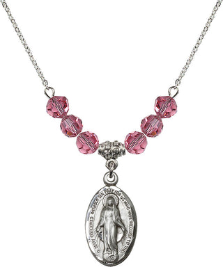 18" Rhodium Plated Necklace with 4mm Rose Crystal Beads featuring a Sterling Silver Miraculous Medal.