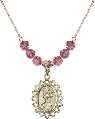 18" Hamilton Gold Plated Necklace with 4mm Rose Crystal Beads featuring a 14kt Gold Filled Saint Christopher Medal.