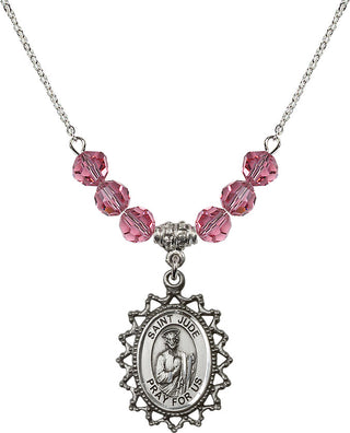 18" Rhodium Plated Necklace with 4mm Rose Crystal Beads featuring a Sterling Silver Saint Jude Medal.