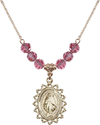 18" Hamilton Gold Plated Necklace with 4mm Rose Crystal Beads featuring a 14kt Gold Filled Miraculous Medal.