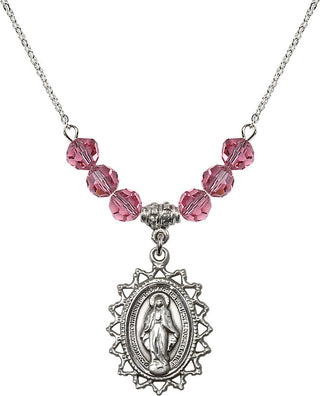 18" Rhodium Plated Necklace with 4mm Rose Crystal Beads featuring a Sterling Silver Miraculous Medal.