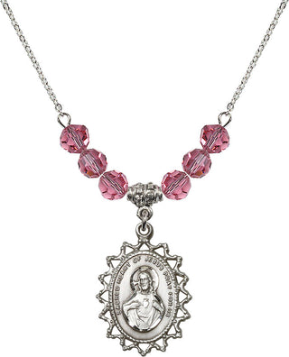 18" Rhodium Plated Necklace with 4mm Rose Crystal Beads featuring a Sterling Silver Scapular Medal.