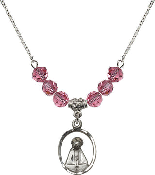 18" Rhodium Plated Necklace with 4mm Rose Crystal Beads featuring a Sterling Silver Madonna Medal.