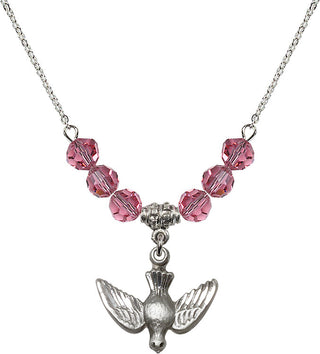 18" Rhodium Plated Necklace with 4mm Rose Crystal Beads featuring a Sterling Silver Holy Spirit Medal.