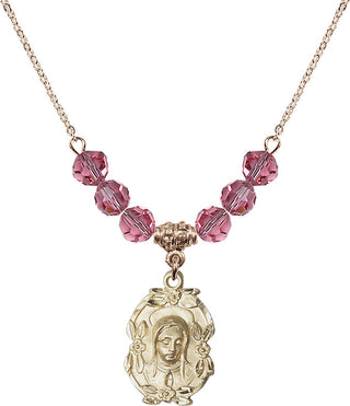 18" Hamilton Gold Plated Necklace with 4mm Rose Crystal Beads featuring a 14kt Gold Filled Madonna Medal.