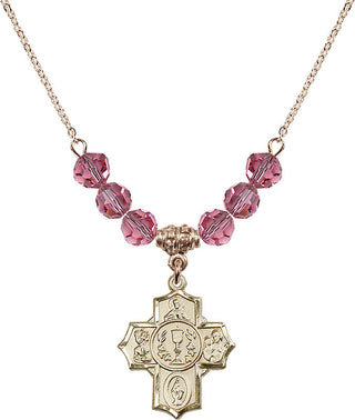 18" Hamilton Gold Plated Necklace with 4mm Rose Crystal Beads featuring a 14kt Gold Filled Communion/5-Way Medal.