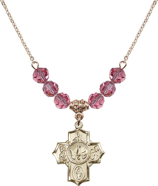18" Hamilton Gold Plated Necklace with 4mm Rose Crystal Beads featuring a 14kt Gold Filled 5-Way Medal.