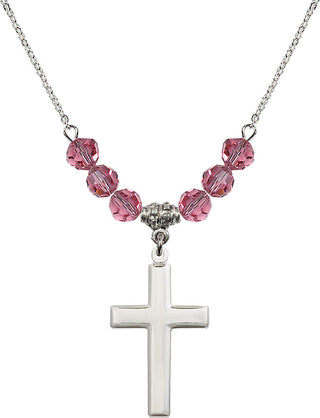 18" Rhodium Plated Necklace with 4mm Rose Crystal Beads featuring a Sterling Silver Cross Medal.