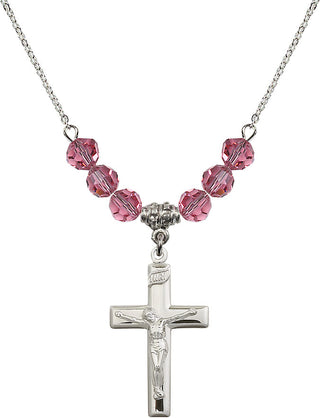 18" Rhodium Plated Necklace with 4mm Rose Crystal Beads featuring a Sterling Silver Crucifix Medal.