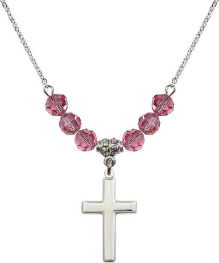 18" Rhodium Plated Necklace with 4mm Rose Crystal Beads featuring a Sterling Silver Cross Medal.