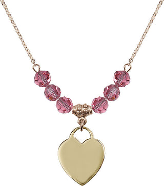 18" Hamilton Gold Plated Necklace with 4mm Rose Crystal Beads featuring a 14kt Gold Filled Heart Medal. Engraved Catholic Saint Jewelry
